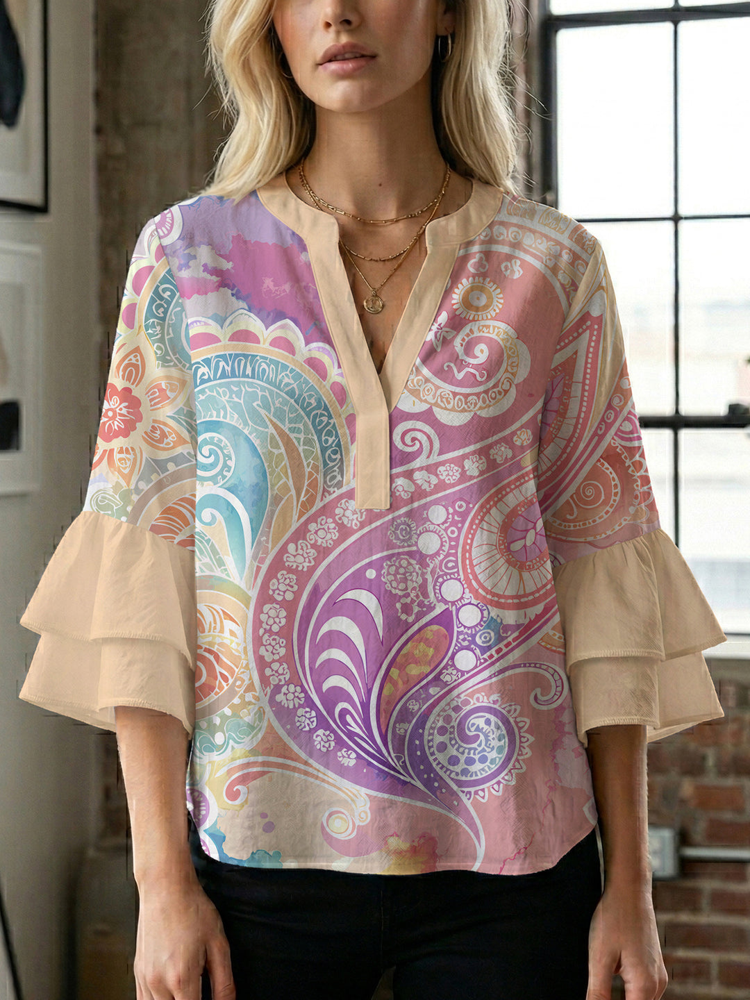 Women's blouse with voluminous ruffle sleeves and creative floral design Lisslune