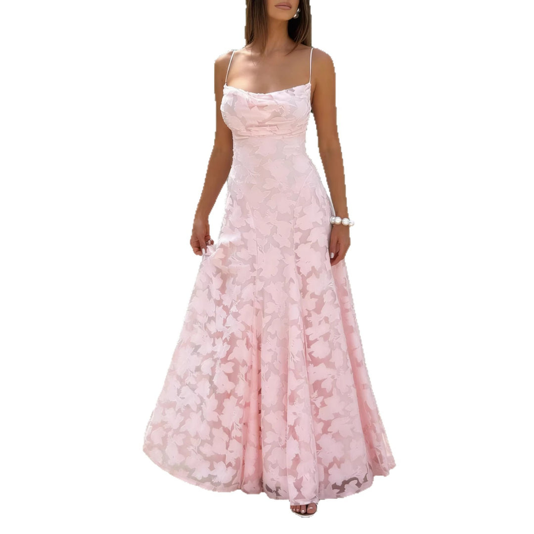 Ladies Elegant Maxi Dress with Floral Lace Design and Adjustable Spaghetti Straps Lisslune