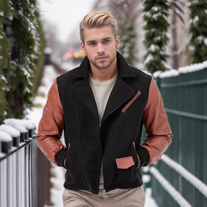 Men's fashionable fleece combination jacket with leather accents Lisslune