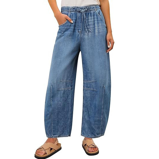 Damen weite Denim-Hose mit elastischem Bund und praktischem Schnitt Lisslune