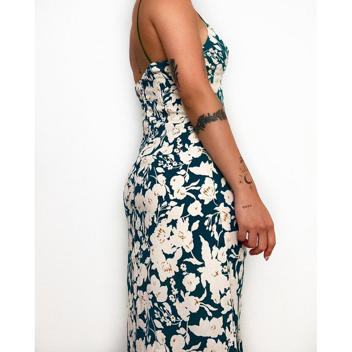 Ladies spaghetti strap maxi dress with floral design and high slit Lune London