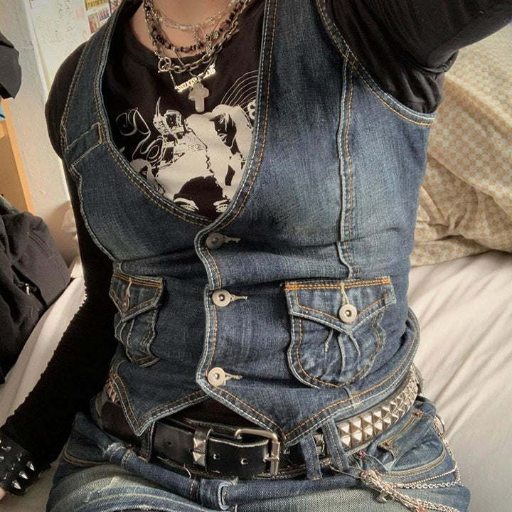 Women's denim bustier jacket with nostalgic lace inserts and decorative button details Lisslune