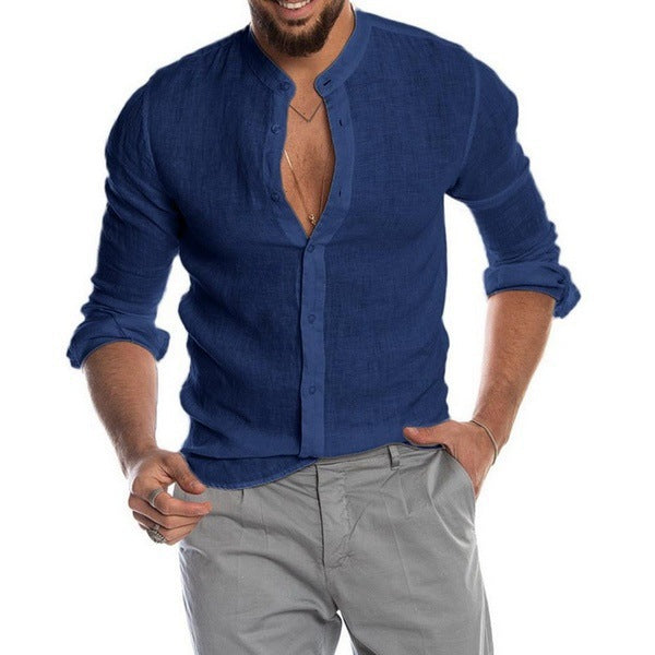 Men's linen shirt with modern stand-up collar and classic button detail Lisslune