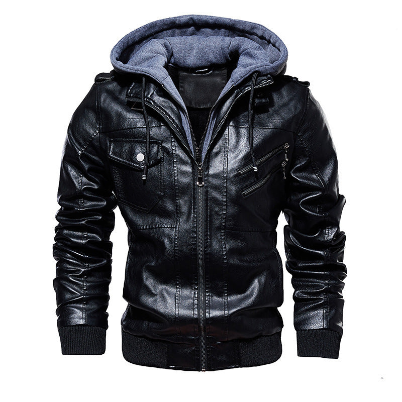 Men's Casual Synthetic Leather Jacket with Removable Hood and Numerous Pockets Lisslune