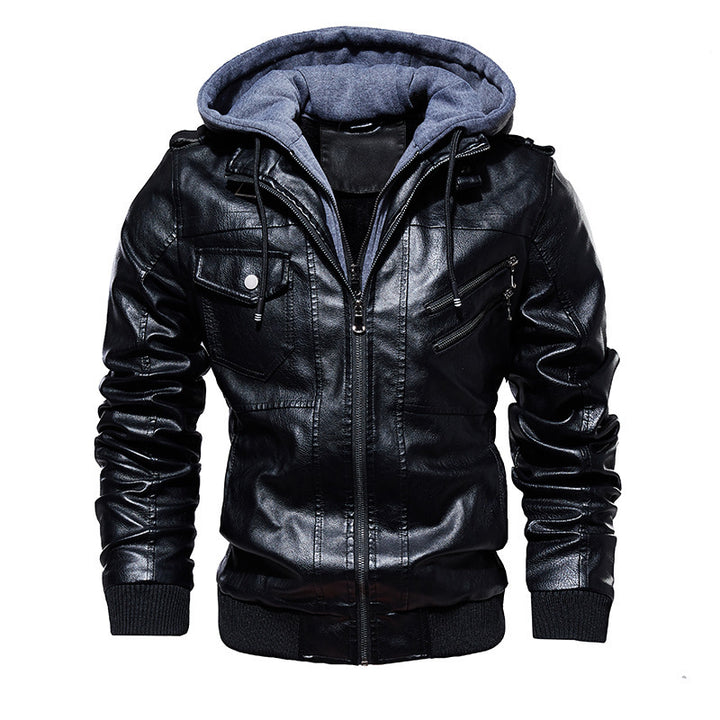 Men's Casual Synthetic Leather Jacket with Removable Hood and Numerous Pockets Lisslune