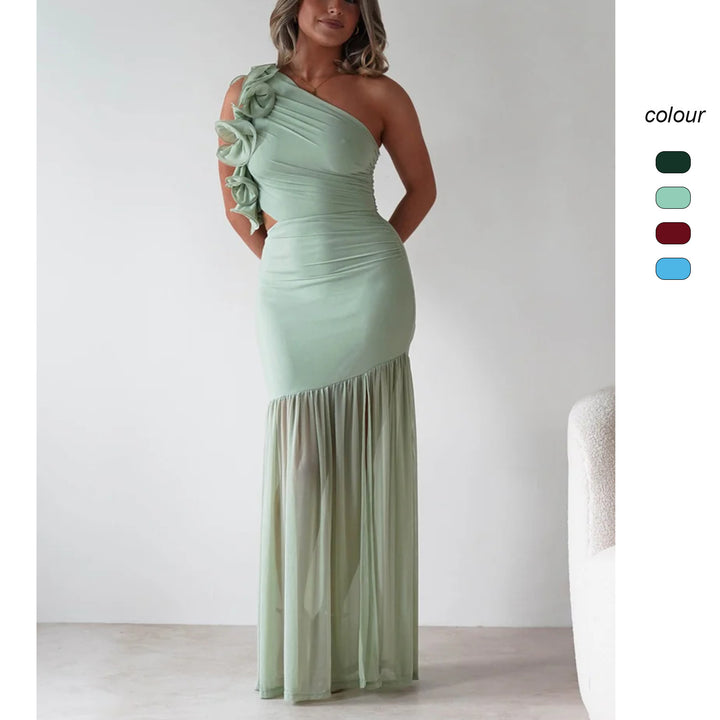Women’s maxi dress with asymmetric cut and romantic ruffle details Lune London
