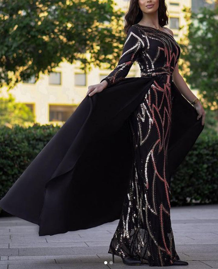 Women's maxi dress with glittering pattern and elegant cape Lisslune