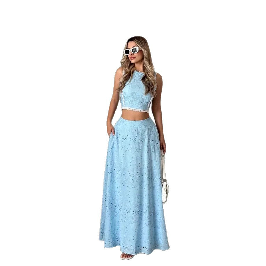 Women's maxi dress with delicate hole embroidery pattern and trendy crop top Lisslune