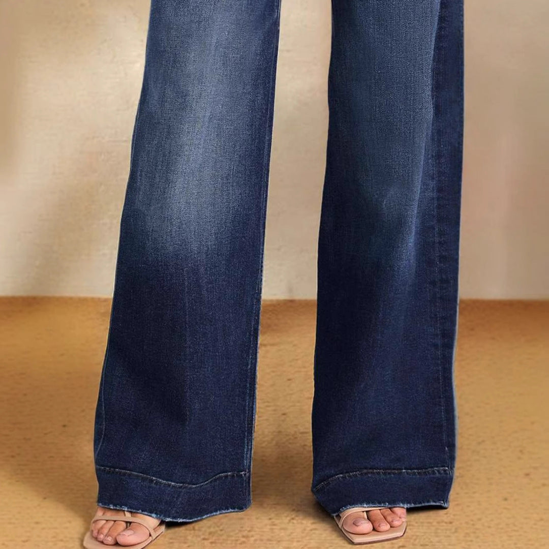 Women's wide-cut jeans with fashionable drawstring and elastic waistband