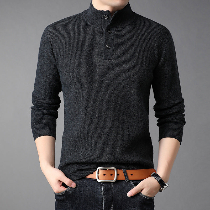 Men's Fine Knit Sweater with High Collar and Button Placket Lisslune