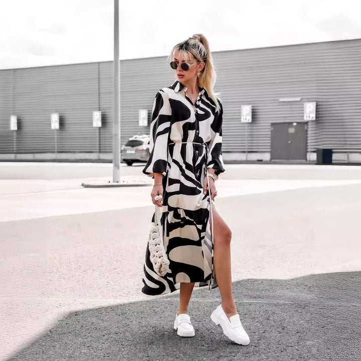 Women's Long Sleeve Shirt Dress with Fashionable Pattern and Waist Belt Lisslune