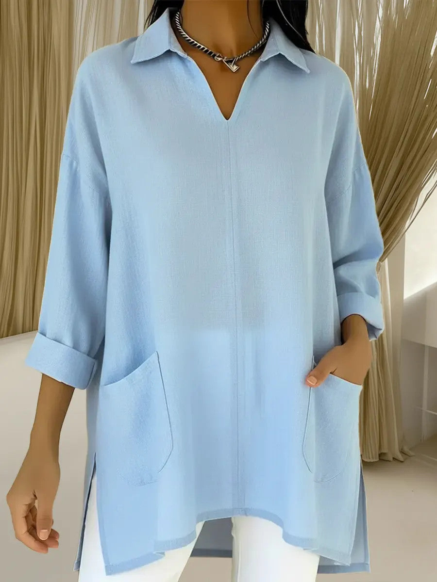 Women’s long sleeve blouse with elegant V-neck and practical pockets Lisslune