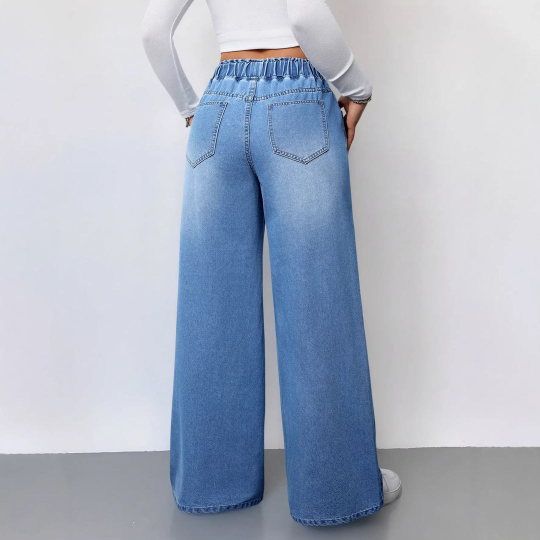 Women's Wide Cut Denim Pants with Elastic Waistband and Practical Pockets