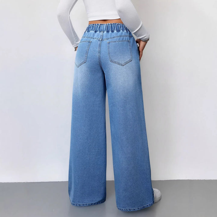 Women's Wide Cut Denim Pants with Elastic Waistband and Practical Pockets