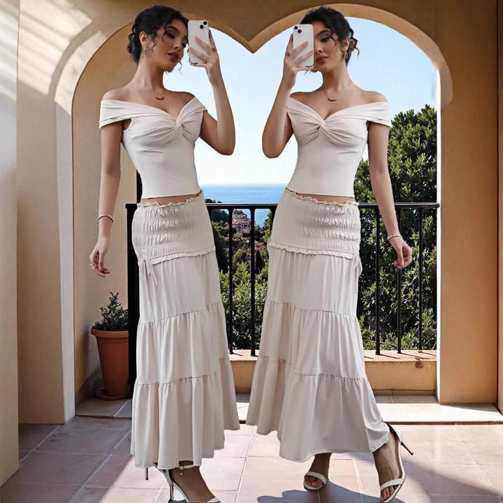 Ladies Off-Shoulder Maxi Dress with Ruffled Skirt and Romantic Design