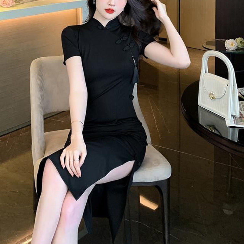 Ladies elegant bodycon dress with high slit and short sleeves Lisslune