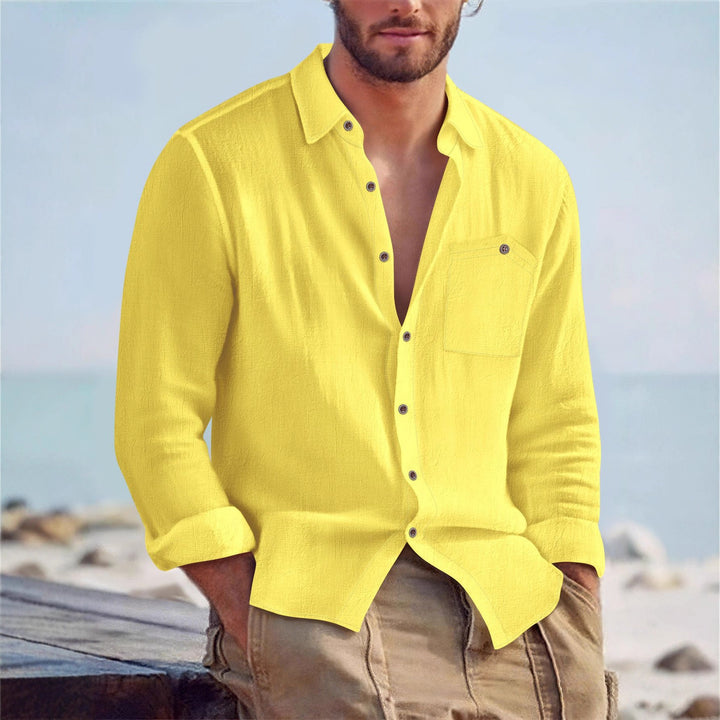 Men's Casual Long Sleeve Shirt with Textured Design and Patch Chest Pocket Lisslune