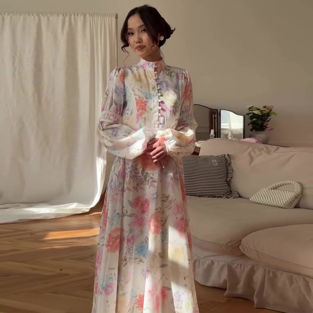 Women’s maxi dress with fine floral pattern and elegant puff sleeves Lisslune