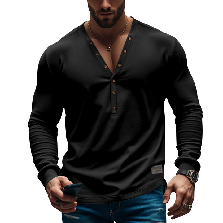 Men's Long Sleeve Henley T-Shirt with Modern Button Closure and Fitted Cut Lisslune