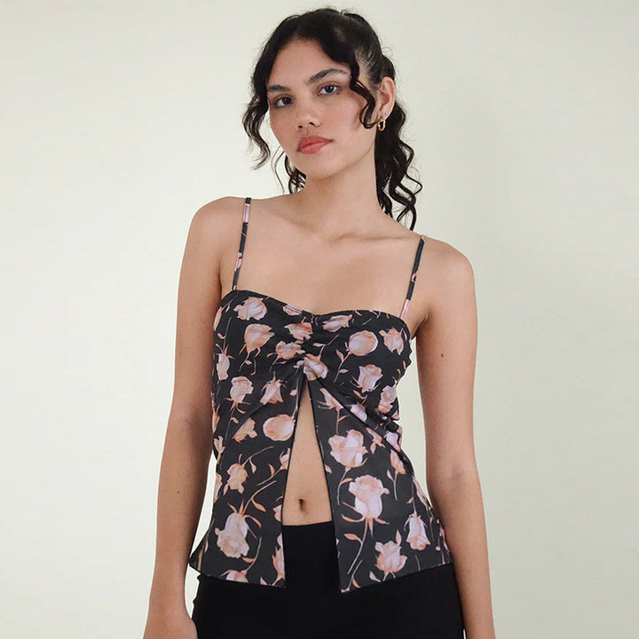 Women's cami top with floral design and nostalgic knot closure Lune London