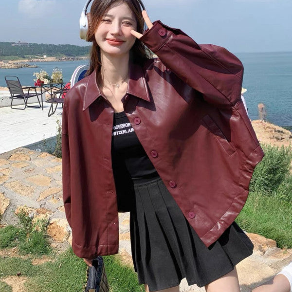 Women Oversized Synthetic Leather Jacket with Practical Pockets and Button-Down Closure Lisslune
