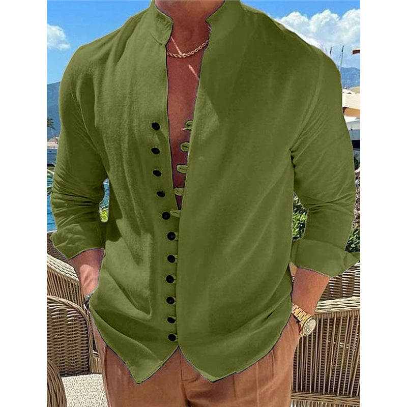 Men's casual long sleeve shirt with stand-up collar and full button placket Lisslune