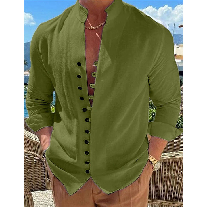 Men's casual long sleeve shirt with stand-up collar and full button placket Lisslune
