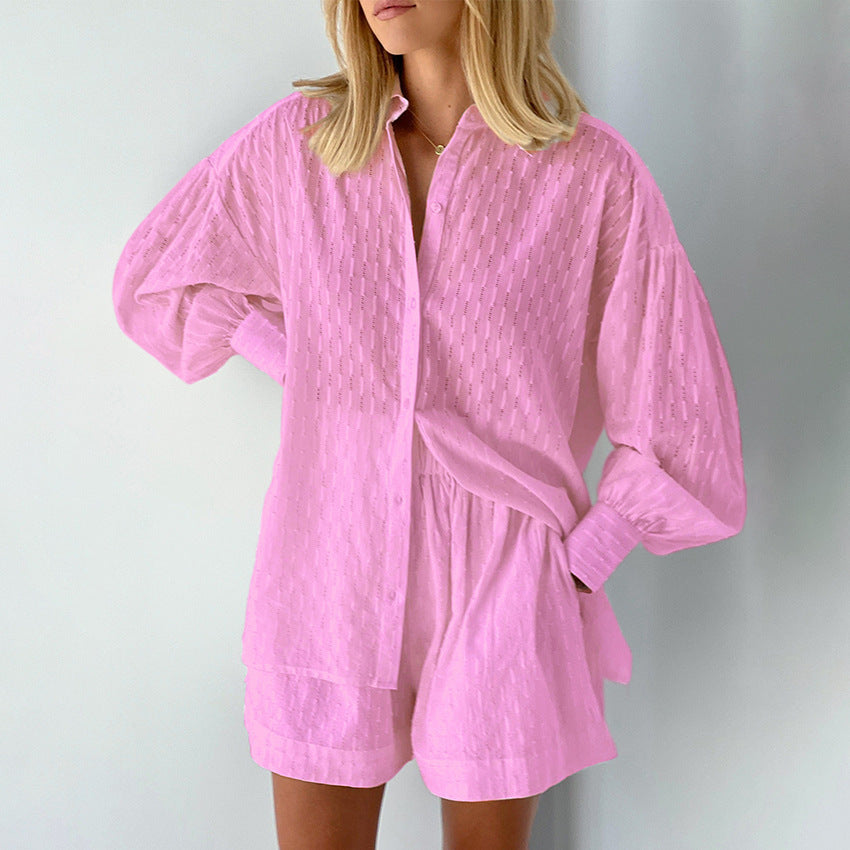 Women's stylish short sleeve pajama set with textured surface finish Lisslune