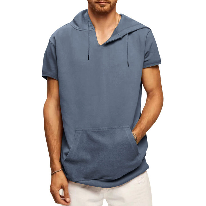 Men's Short Sleeve Hoodie with Practical Kangaroo Pocket Lisslune