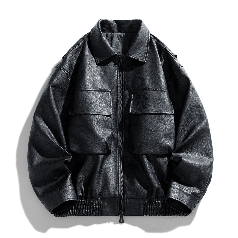 Men's Casual Synthetic Leather Jacket with Practical Pockets and Elastic Waistband Lisslune