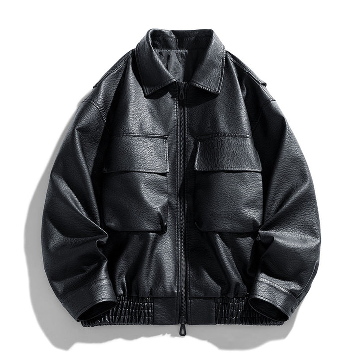 Men's Casual Synthetic Leather Jacket with Practical Pockets and Elastic Waistband Lisslune