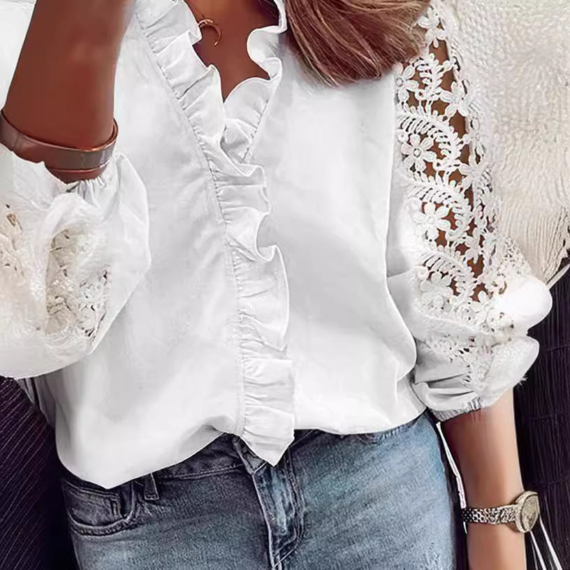 Women's elegant blouse with ruffle details and lace sleeves Lisslune