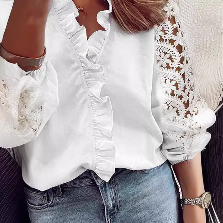 Women's elegant blouse with ruffle details and lace sleeves Lisslune