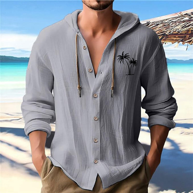 Men's casual hoodie shirt with decorative palm print and button placket Lisslune