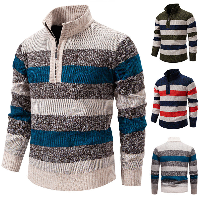 Men's stylish knit sweater with a half-high collar and contrasting stripes Lisslune