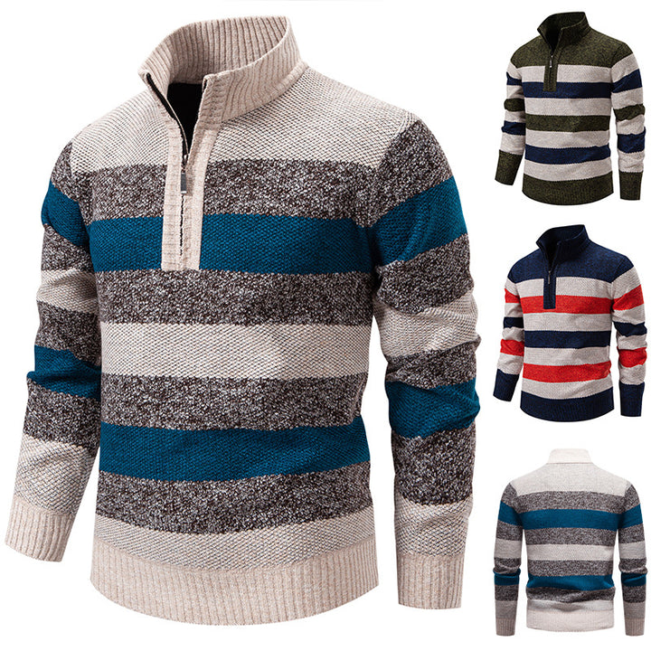 Men's stylish knit sweater with a half-high collar and contrasting stripes Lisslune