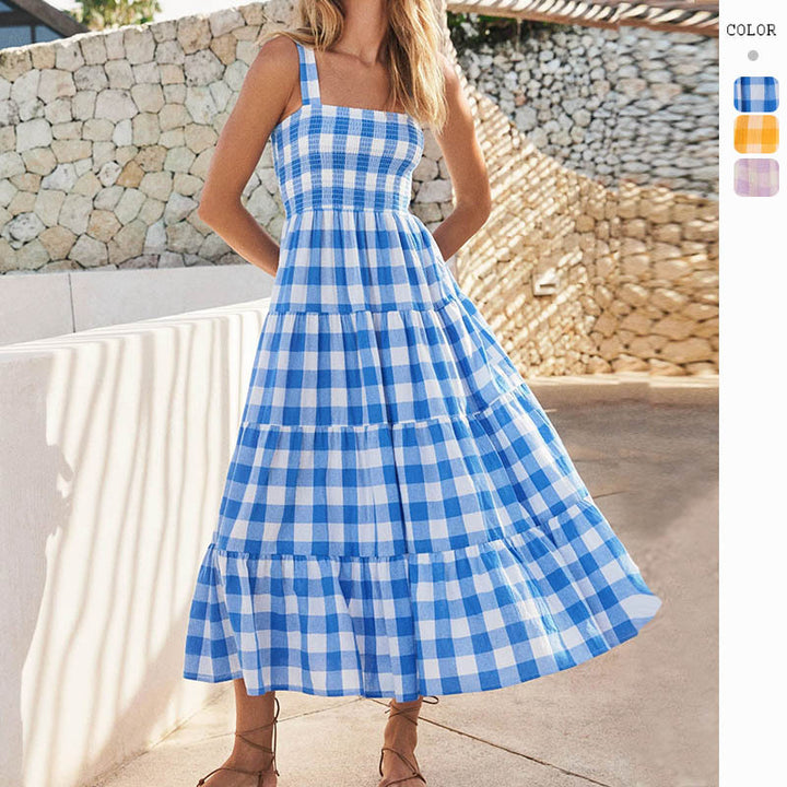 Ladies Summer Maxi Dress with Checked Design and Straps Lisslune