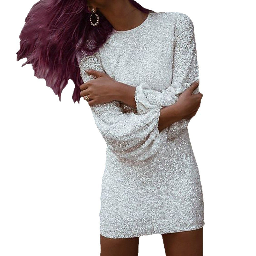 Women's Sparkling Mini Dress with Slim Fit and Long Sleeves