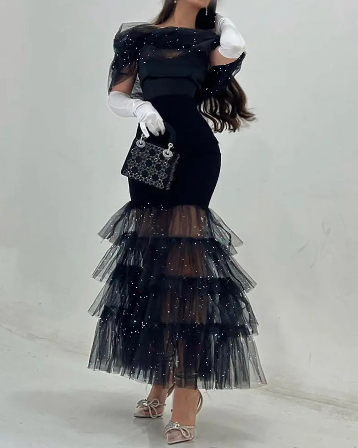 Women's Elegant Evening Dress with Shimmering Tulle Layers and Transparent Shoulder Partie