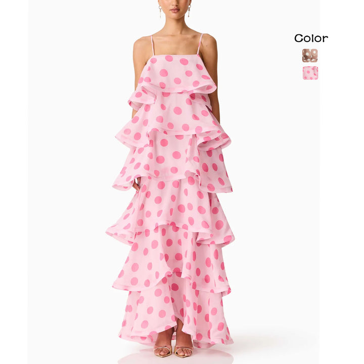 Ladies maxi dress with playful ruffles and dots Lune London