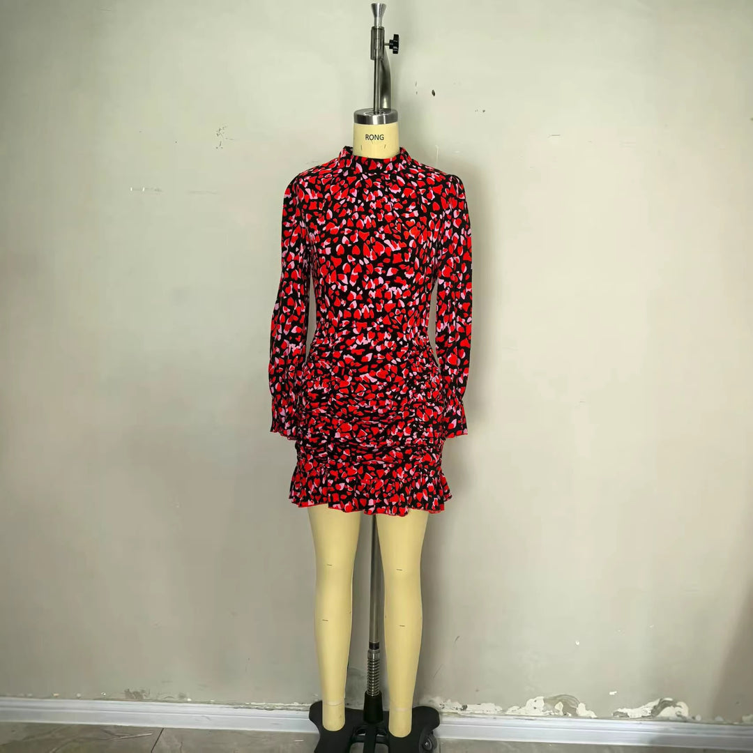 Damen elegantes Mini-Kleid mit Rüschendetails und hohem Kragen Lisslune