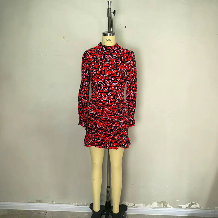 Damen elegantes Mini-Kleid mit Rüschendetails und hohem Kragen Lisslune