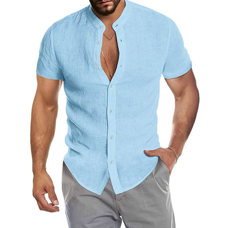 Men's short-sleeve shirt with modern stand-up collar and decorative button details Lisslune