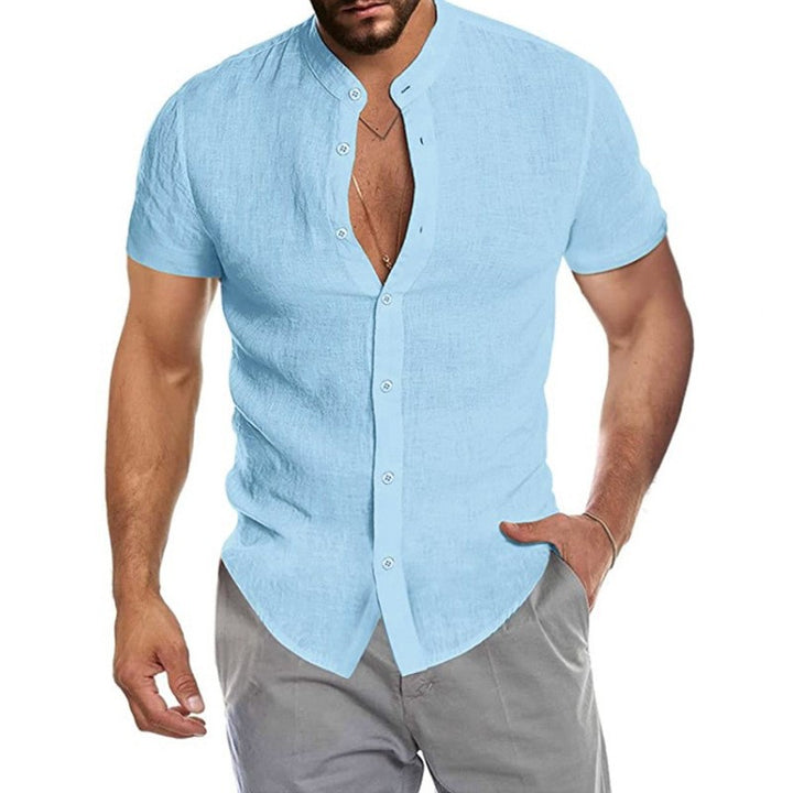 Men's short-sleeve shirt with modern stand-up collar and decorative button details Lisslune