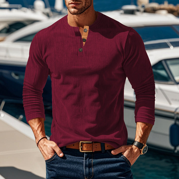 Men's long sleeve shirt with textured stand-up collar and practical button details Lisslune