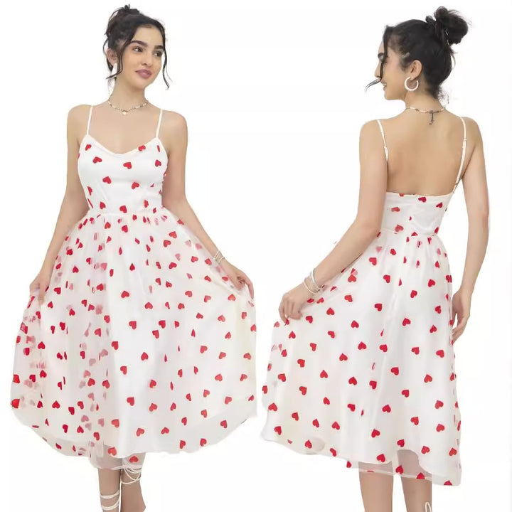 Women's romantic A-line dress with heart motif and adjustable straps Lisslune