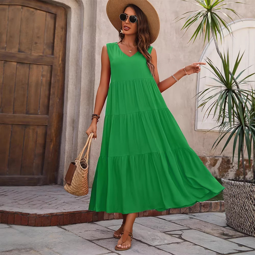 Damen Elegantes Sommer-Maxi-Kleid mit voluminösem Rock und V-Ausschnitt Lisslune