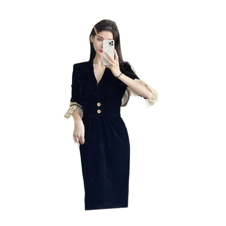 Women's elegant dress with lace sleeves and decorative buttons Lisslune