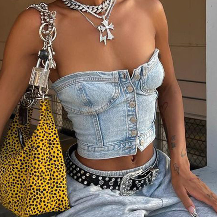 Women's Denim Crop Top with Knitted Overlay Lisslune
