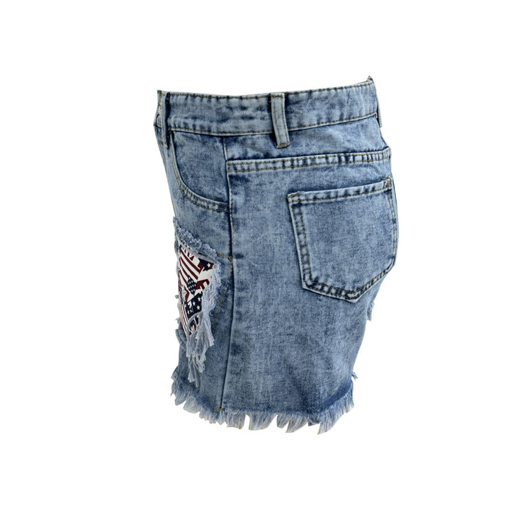 Women's destroyed denim shorts with frayed pockets and stylish patches Lisslune